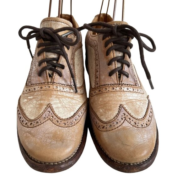 Bed Stu oxfords Lita 7 beige crackled distressed leather wing tip lace up flat - Picture 2 of 11